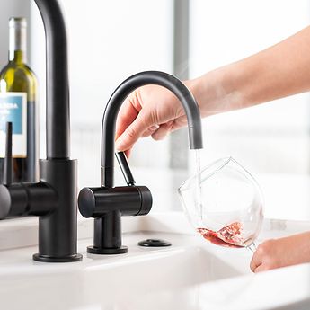 InSinkErator Indulge Modern Hot & Cold Water Dispenser Faucet – Polished Nickel, Swivel Spout, Self-Closing Hot, Stay-On Cool, Solid Brass